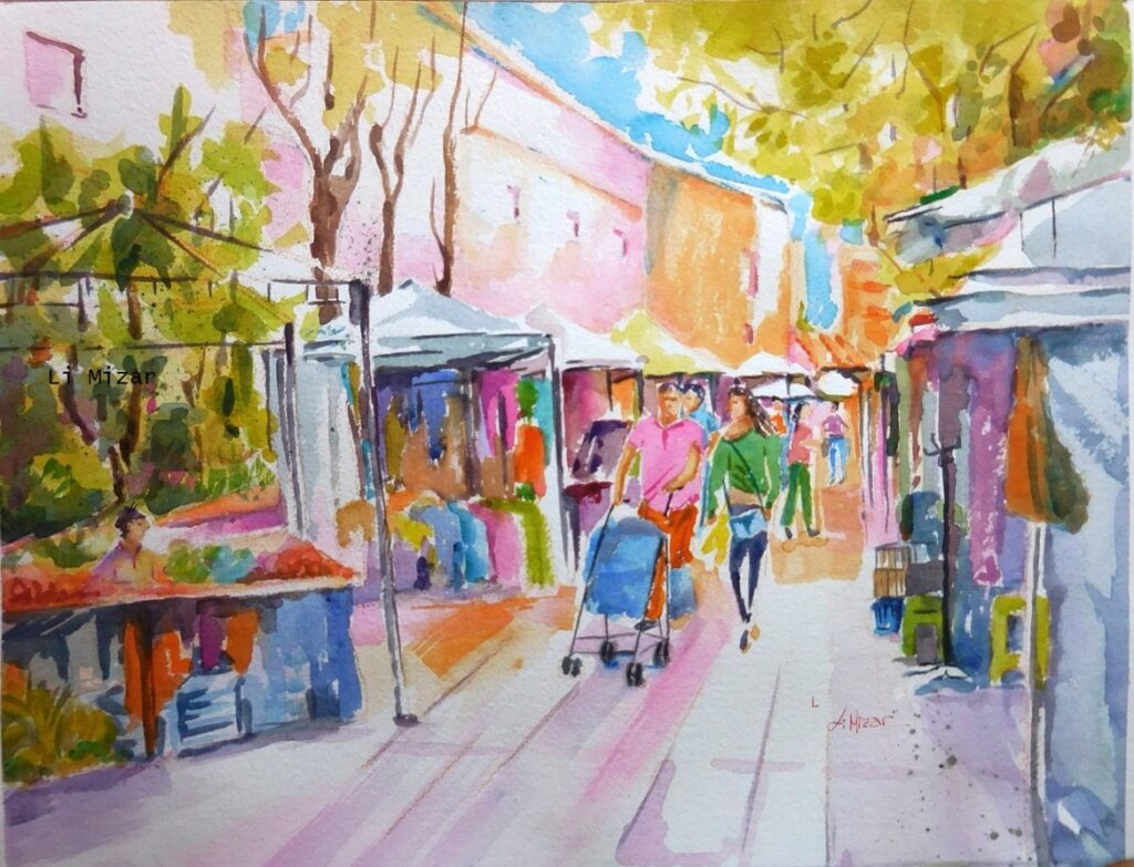 Mercado de las pulgas, paisaje en acuarela de Li Mizar